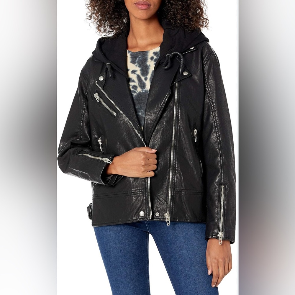 NWT Blank NYC Black Faux Leather Bomber w/detachable hood - L - Picture 2 of 7